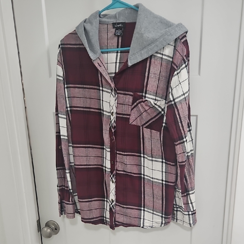 Justify Burgundy and Gray Plaid Button-Up Top
